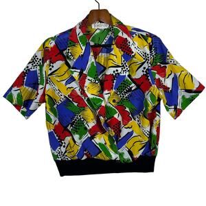 Vintage 80s Abstract Multicolor Retro Blouse Women's Size 10